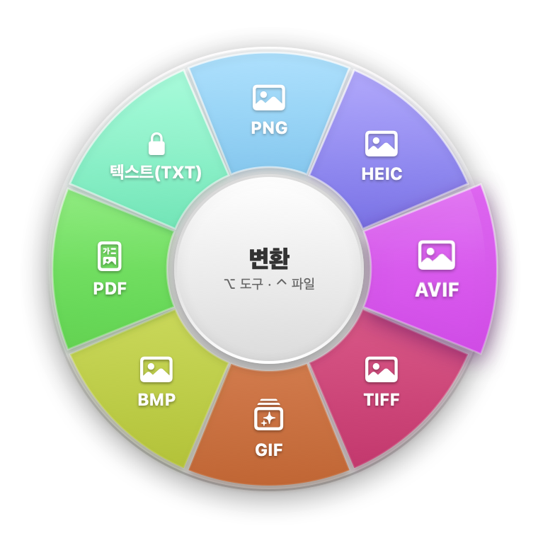 이미지 파일을 올리면 나오는 변환 휠: JPG, PNG, HEIC 등